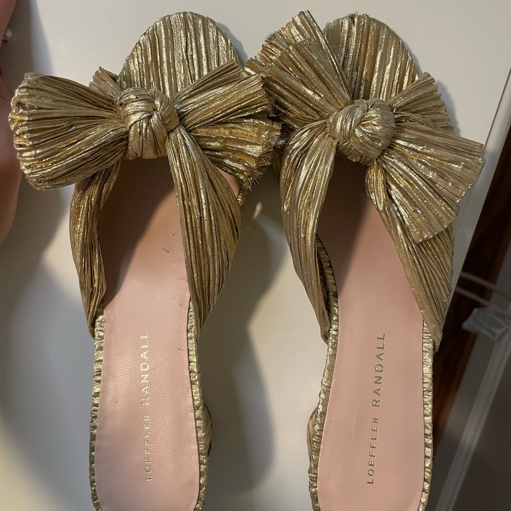 Loeffler Randall Emilia Pleated Bow Sandals, Gold, Size 8